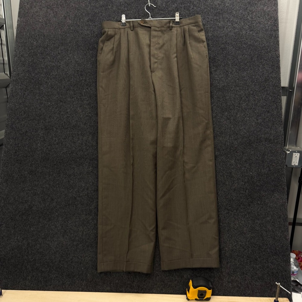 Mens Pleated Wool Dress Pants Olive Brown Cuffed Trousers 36x30